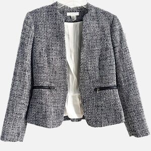Mid length navy blue and white blazer